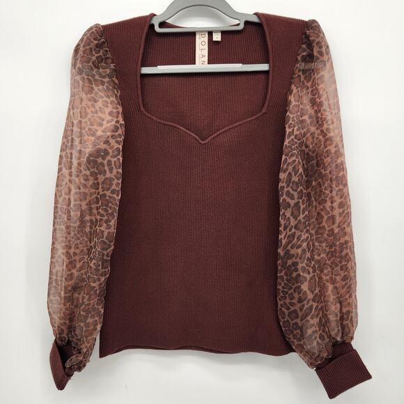 Anthropologie DOLAN Leopard Print Sheer Puff-Sleeve Brown Sweater Women's M - Picture 2 of 11